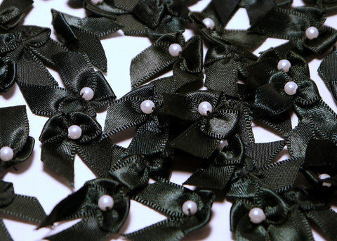 Miniature Black Satin Ribbon Bows with Bead 1'' 144pcs