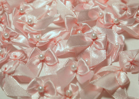 Miniature Pink Satin Ribbon Bows with Bead 1'' 144pcs