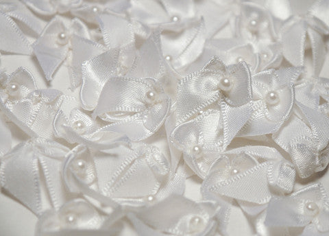 Miniature White Satin Ribbon Bows with Bead 1'' 144pcs